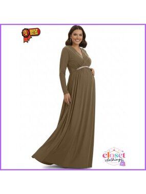 Womens Maternity Long Sleeve V-Neck Flowy Winter Maxi Dress Gown